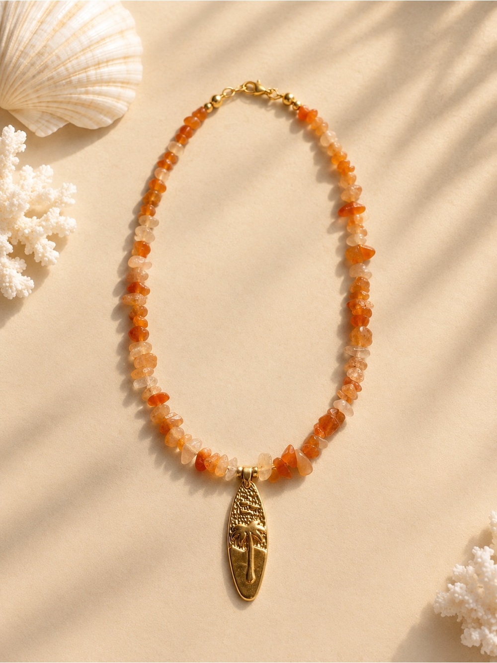 Gold Surfboard Pendant Necklace with Orange Aventurine Chips
